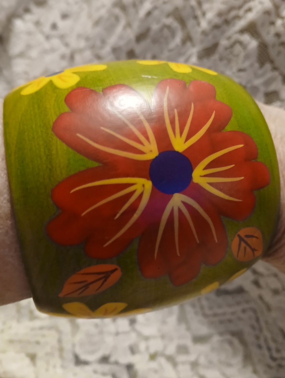Vintage Hand-Painted  Wood Floral Chunky  Cuff Bracelet 3" Wide Boho